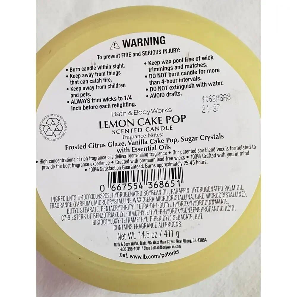 BBW Lemon Cake Pop Large 3 Wick Candle Home Fragrance Decor - Picture 2 of 2